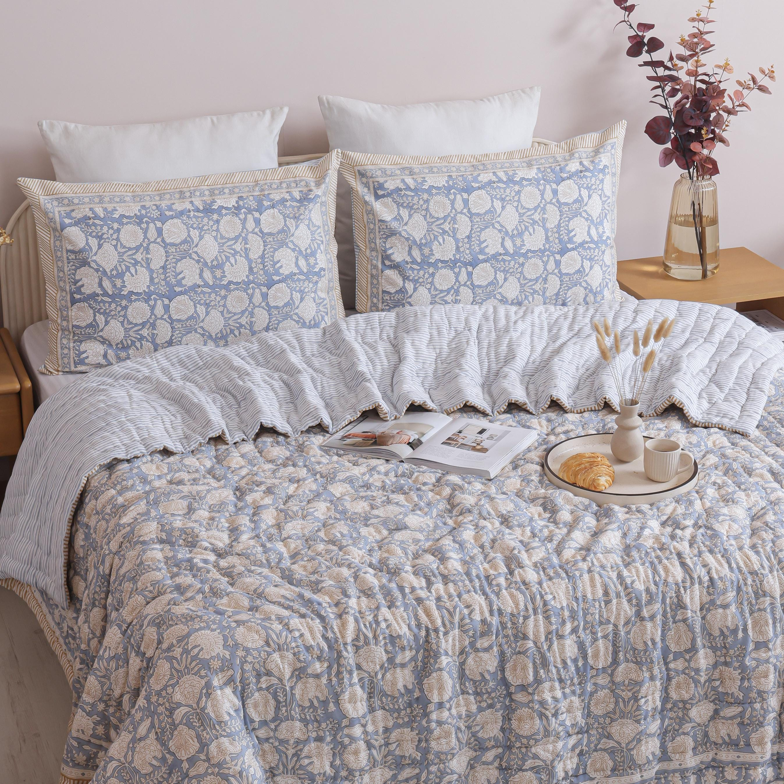 Powder Blue Floral Garden Hand Block Printed Cotton Quilt