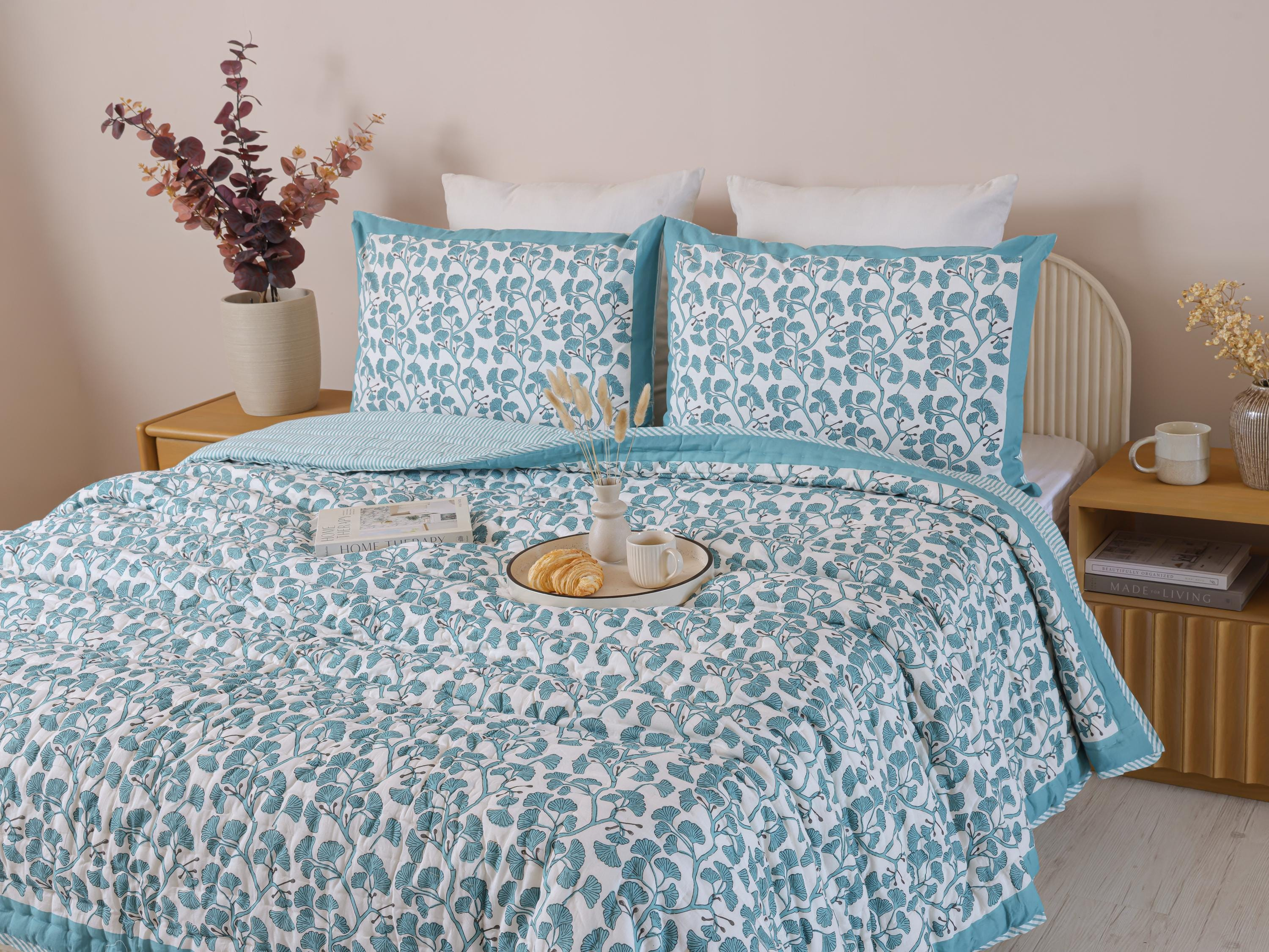 Aqua Blue Leafy Vine Hand Block Printed Cotton Quilt