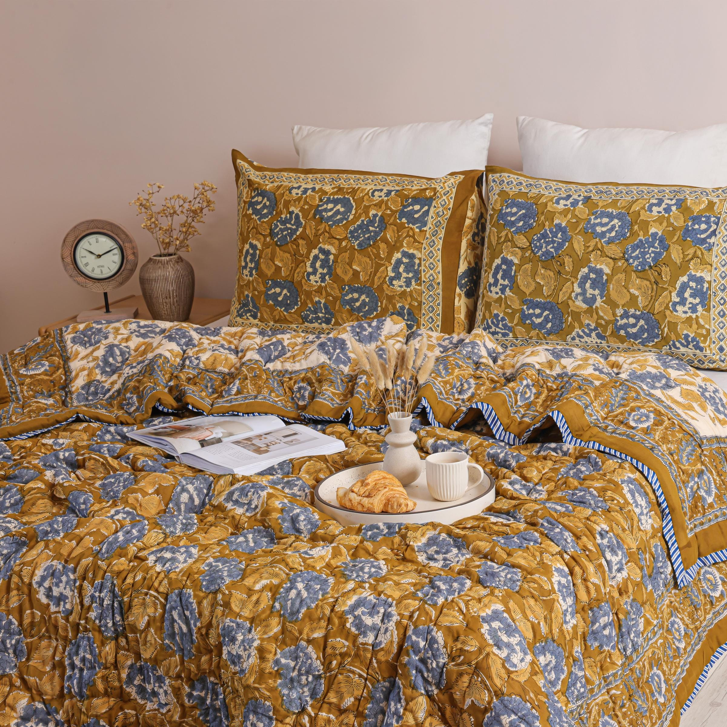 Mustard Gold and Slate Blue Floral Vine Hand Block Printed Cotton Quilt