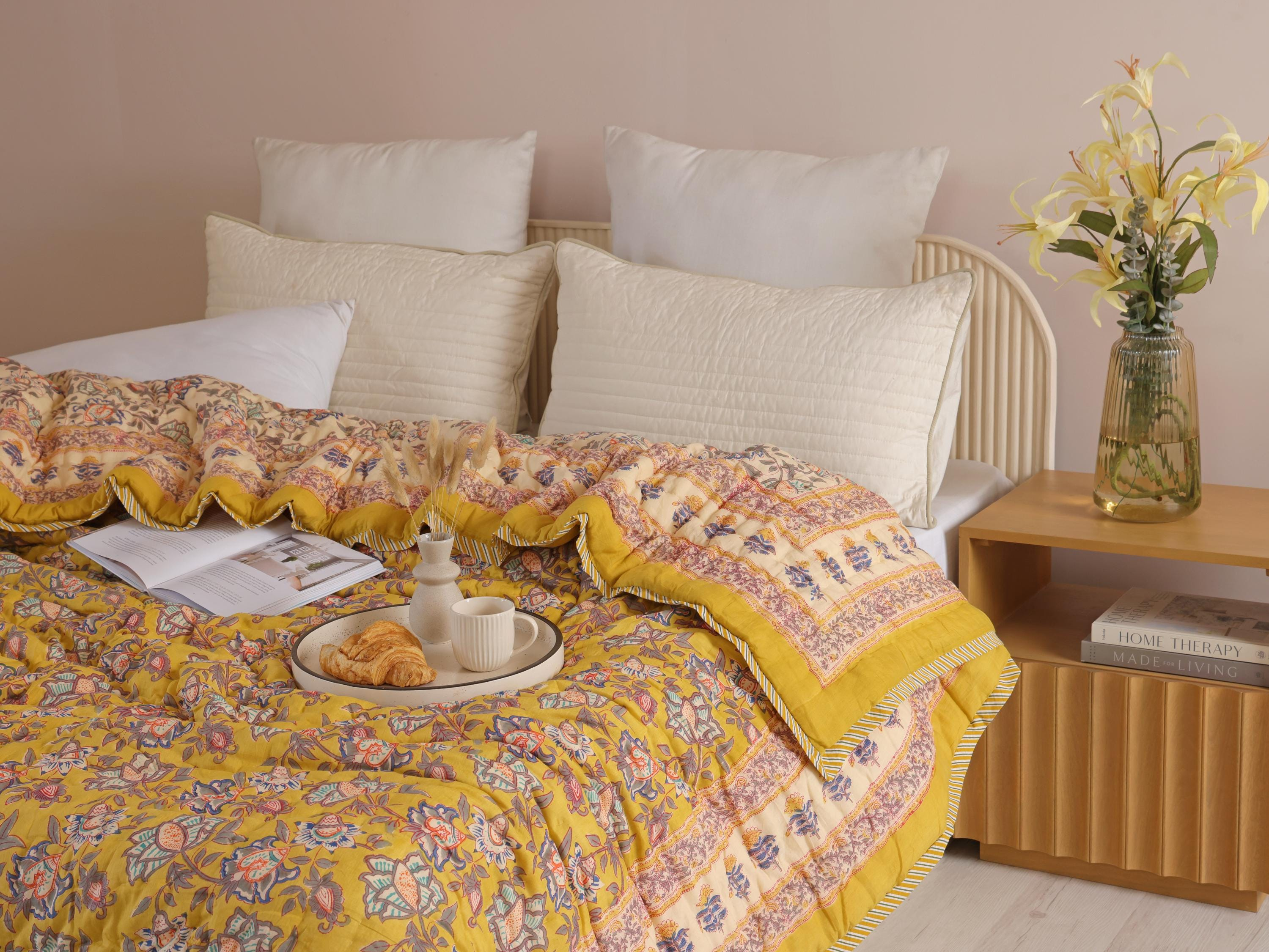 Mustard Yellow Tree of Life Hand Block Printed Cotton Quilt