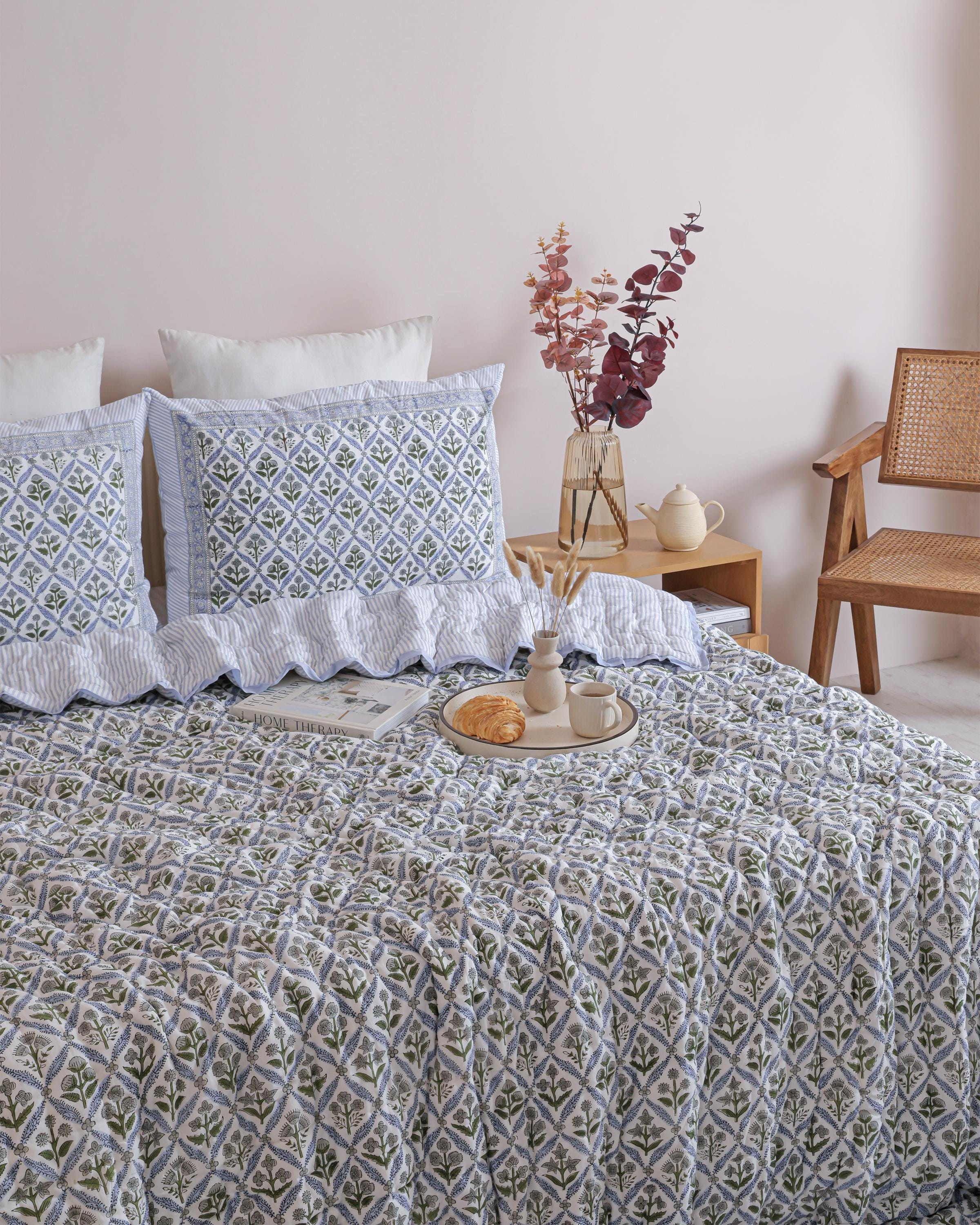 Sage Green Geometric Floral Hand Block Printed Cotton Quilt