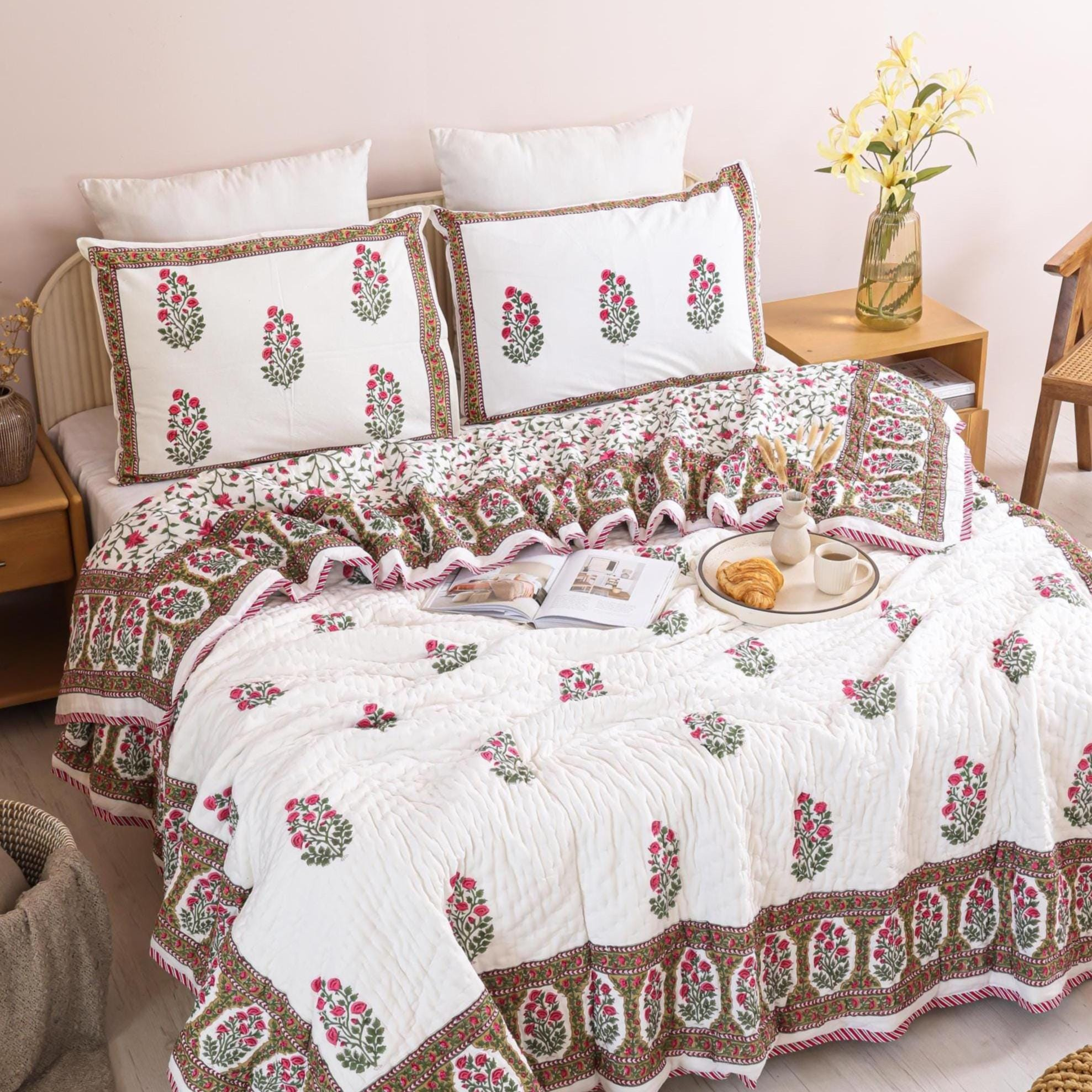Crimson Rose Bouquet Hand Block Printed Cotton Quilt