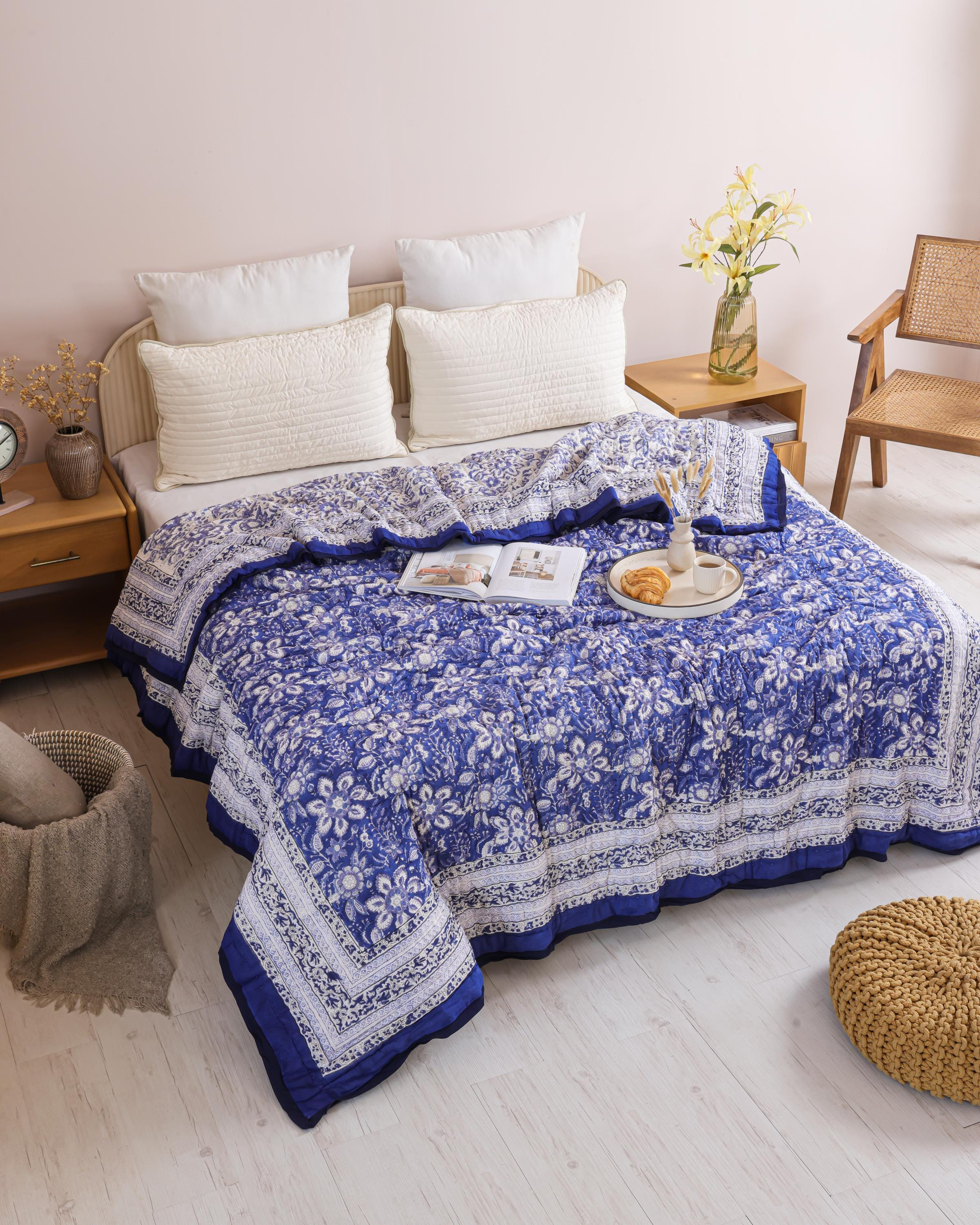 Royal Blue Floral Vine Hand Block Printed Cotton Quilt