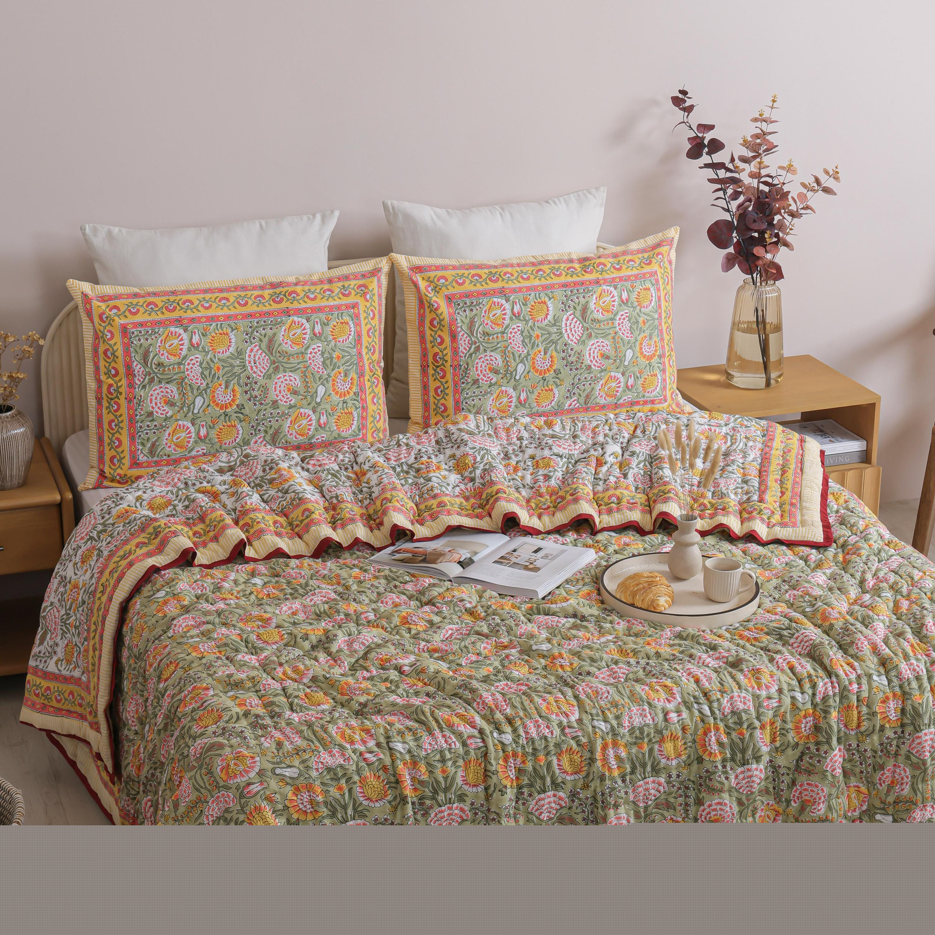 Sage Green Paisley Garden Hand Block Printed Cotton Quilt