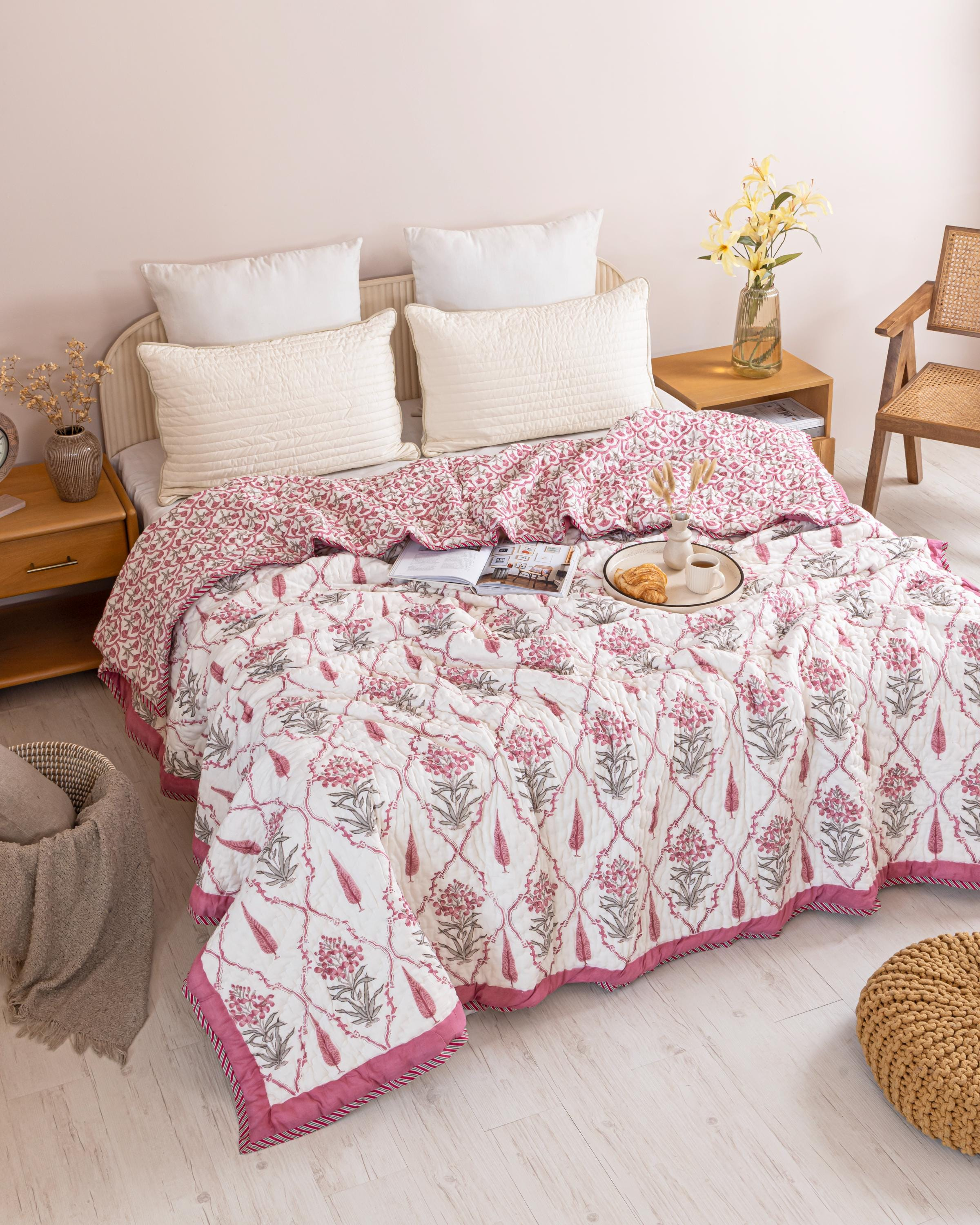 Rose Pink Botanical Sprig Hand Block Printed Cotton Quilt