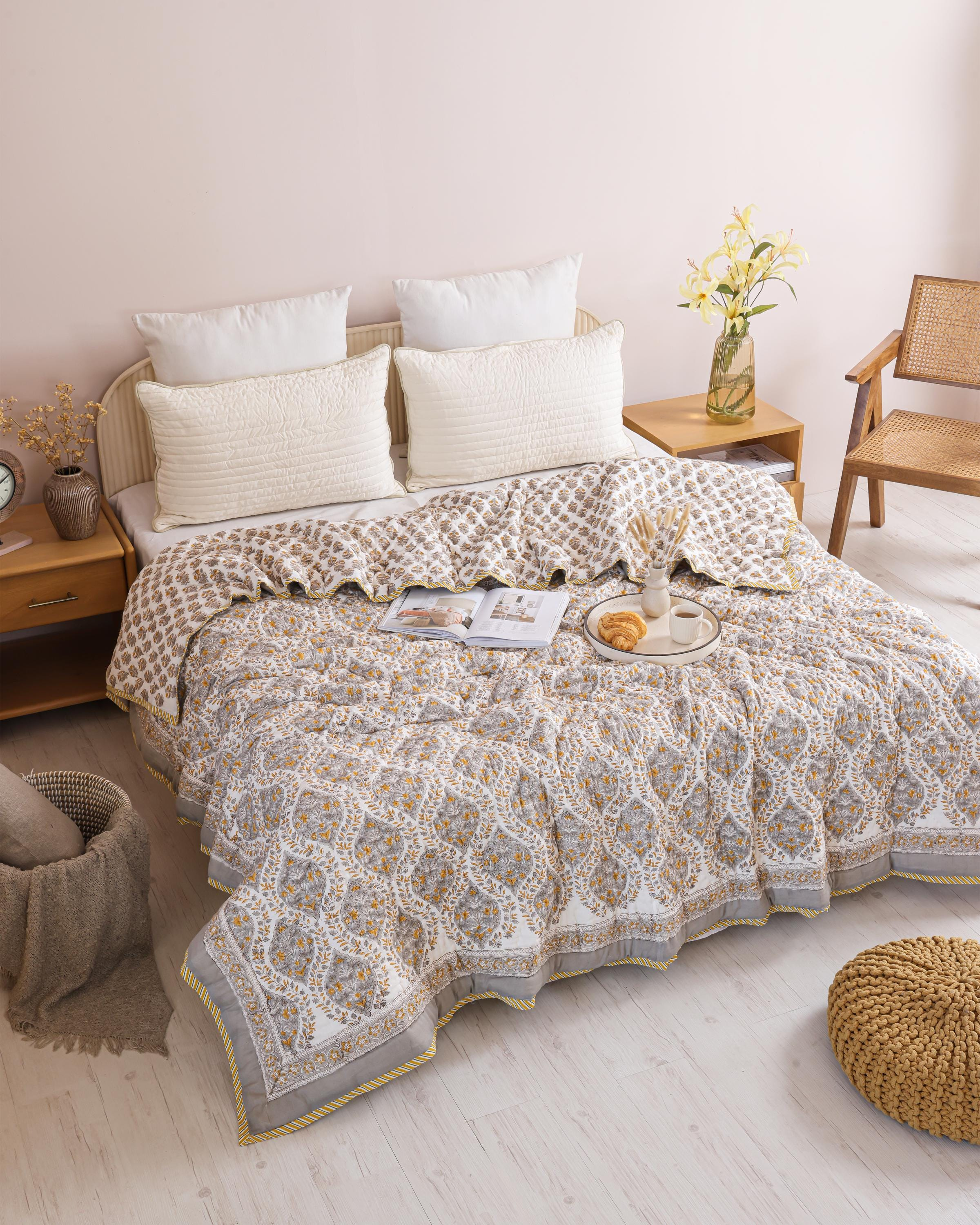 Ivory and Mustard Floral Trellis Hand Block Printed Cotton Quilt
