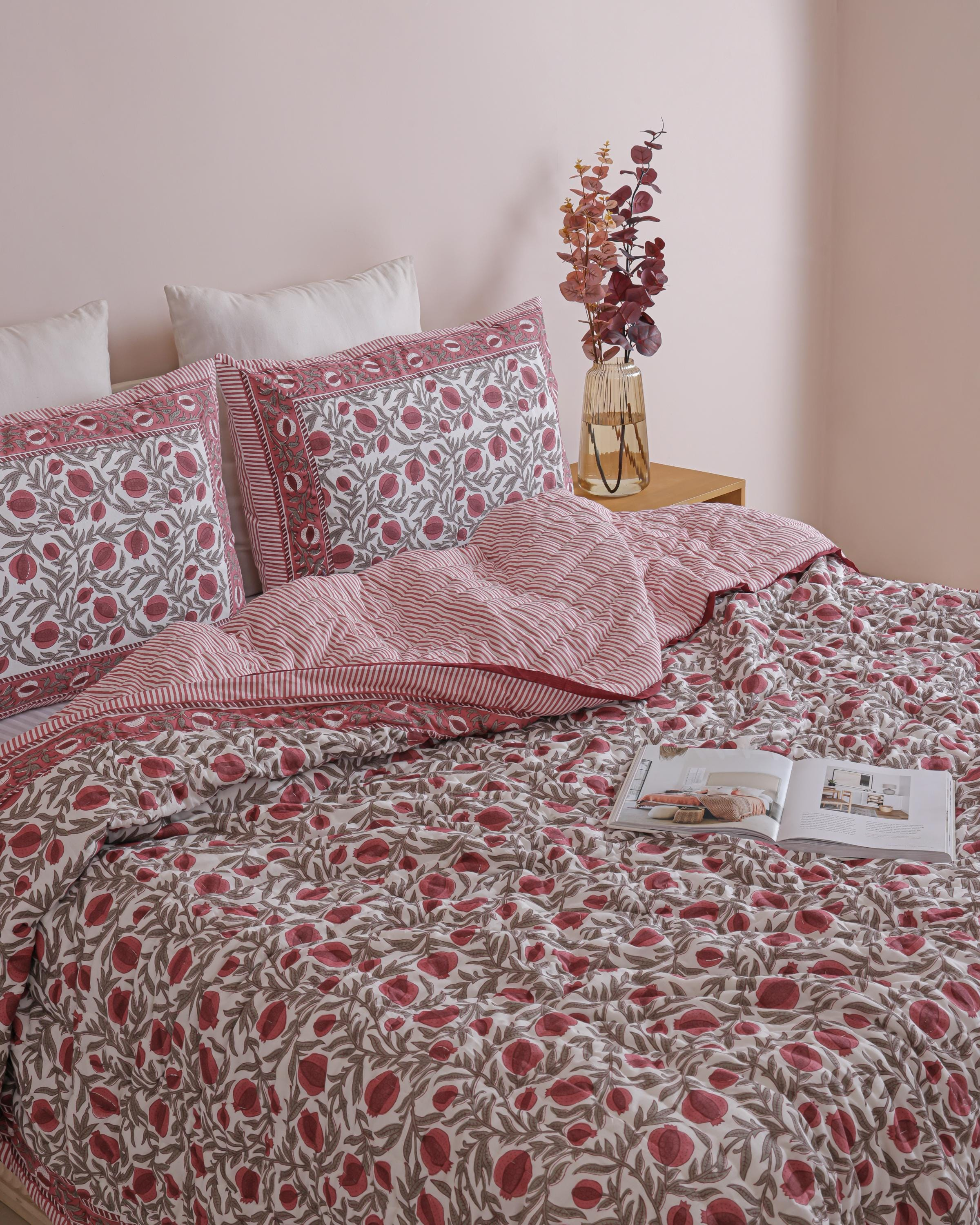 urgundy Pomegranate Vine Hand Block Printed Cotton Quilt