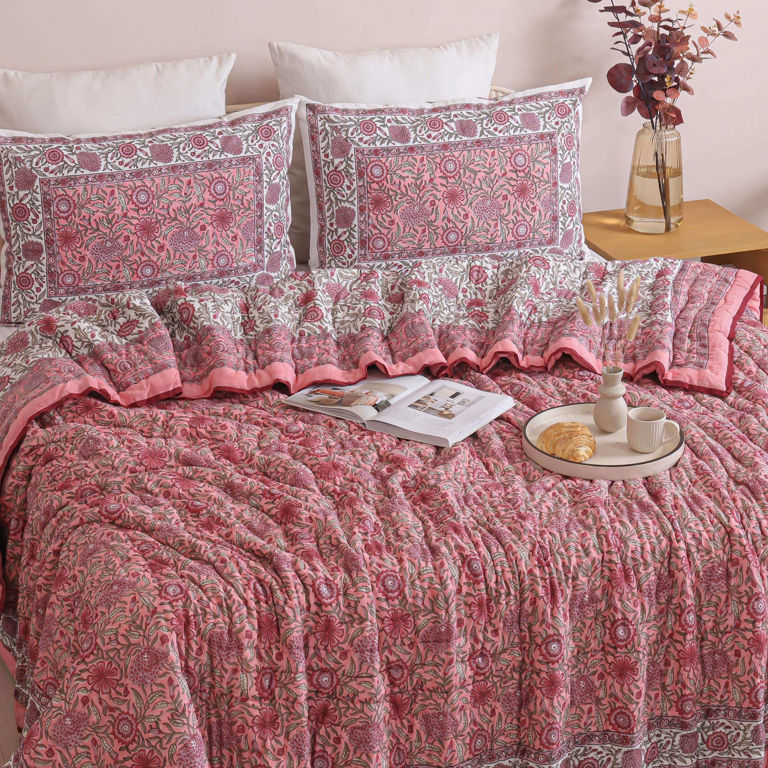 Dusty Rose Floral Medallion Hand Block Printed Cotton Quilt